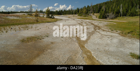 Blauer Himmel Ansicht grau Sinter Überlauf Stream absteigender Hang von Giantess Geysir, Geyser Hill, Upper Geyser Basin, Yellowstone Stockfoto