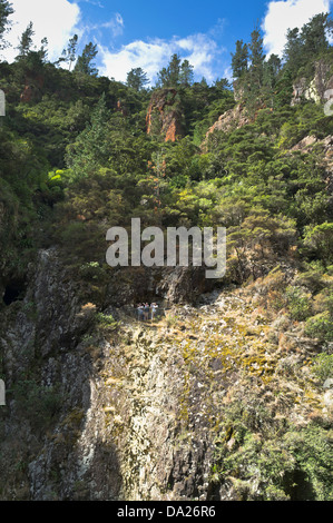 dh Waitawheta Fluss KARANGAHAKE GORGE Neuseeland Menschen im Bergbau Tunnel Cliff Ausschau Stockfoto