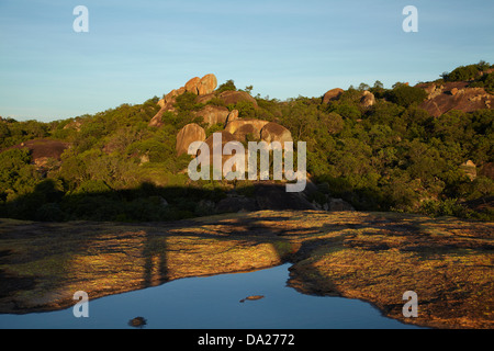 Felsen über Big Cave Camp, Matopos Hügel in der Nähe von Bulawayo, Simbabwe, Südafrika Stockfoto