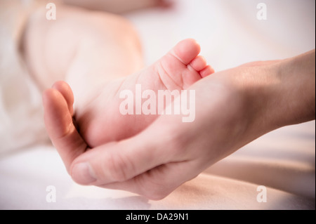 Nahaufnahme von Mutters Hand mit winzigen Fuß Baby girl (6-11 Monate) Stockfoto