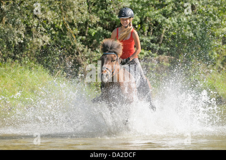 Teen Reiter auf der Rückseite ein Islandpferd im Galopp in die Isar südlich von München, Bayern, Deutschland Stockfoto