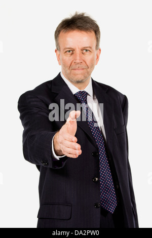 Vertikales Bild eines Geschäftsmannes mit einem Handschlag auf weißem Hintergrund Stockfoto