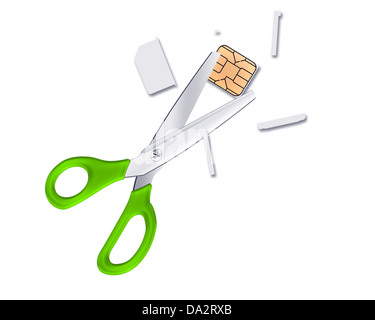 in Scheiben geschnittene SIM-Karte isoliert auf weißem Hintergrund Stockfoto