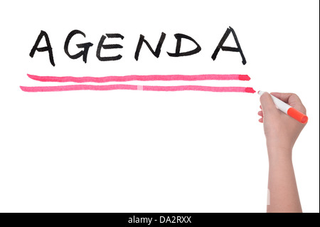 Agenda geschrieben am Whiteboard Stockfoto