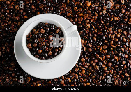 Stillleben mit gerösteten Kaffeebohnen in Kaffeetasse Stockfoto