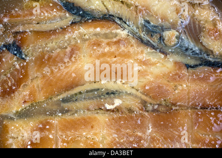 Eine Nahaufnahme von geräucherten Hering Fischfilets. Stockfoto