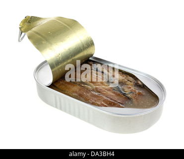 Eine Dose geräucherte Heringsfilets, die mit dem Deckel noch befestigt auf einem weißen Hintergrund geöffnet wurde. Stockfoto