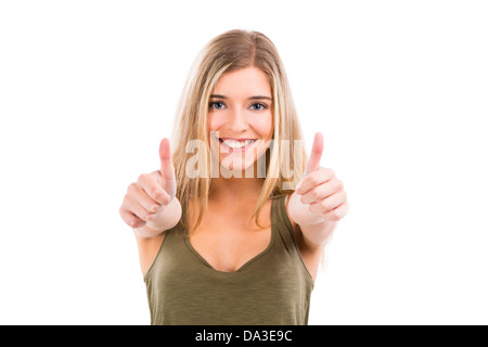 Schöne und glückliche blonde Frau auf der Suche auf die Kamera mit Daumen nach oben, isoliert auf weißem Hintergrund Stockfoto