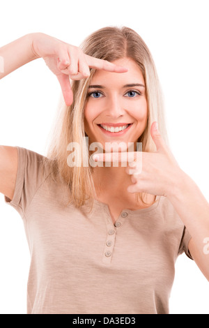 Beautiful blond woman smiling and framing her face with her hands, isolated over white background Stockfoto