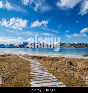 Holzsteg führt zum Strand Ramberg, Ramberg, Flakstadoy, Lofoten Inseln, Norwegen Stockfoto