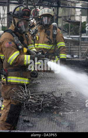 Feuerwehrleute arbeiten einer Szenenverlaufs zu einen Brand in einem Gewächshaus zu begießen Stockfoto