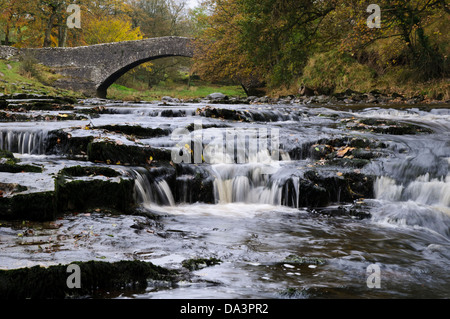 Stainforth Kraft auf dem Fluss Ribble im Herbst mit der alten Pack-Pferd-Brücke im Hintergrund. Stainforth, Yorkshire Dales Stockfoto