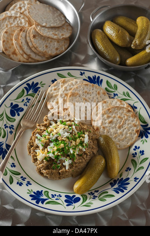 Gehackte Leber mit Matzo Crackern und Gurken Stockfoto