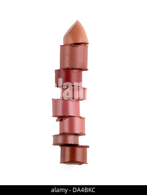 Braun rosa Lippenstift Chop Stack auf einem weißen Hintergrund ausschneiden Stockfoto