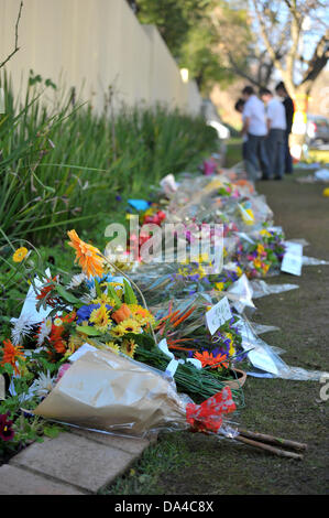 Johannesburg, Südafrika. 3. Juli 2013. Mitglieder der Öffentlichkeit zu sammeln vor Nelson Mandela Haus in Houghton, Johannesburg. Menschen verlassen gut Wünsche für den ehemaligen südafrikanischen Präsidenten, die in einem Krankenhaus von Pretoria mit einer wiederkehrenden Lungenerkrankung ist. Bildnachweis: Jonny White/Alamy Live-Nachrichten Stockfoto