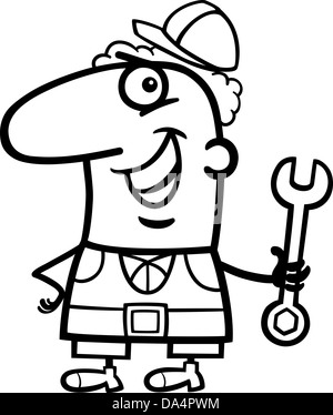 Schwarz / Weiß Cartoon Illustration der lustige Arbeiter mit Schraubenschlüssel Beruf Beruf Malvorlagen Stockfoto