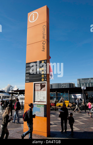 Richtungsinformationen Schild am Circular Quay, neben ersten Flotte Park, Sydney, Australien Stockfoto