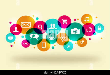 Social Media-Symbole im bunten Kreis Layout festlegen. EPS10 Dateiversion. Diese Darstellung enthält Folien und ist für einfache Handhabung und individuelle Färbung geschichtet. Stockfoto
