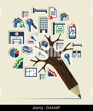 Bleistift-Baum geformt, die mit Immobilien Icons Set Abbildung. . Vektor-Datei geschichtet für einfache Handhabung und individuelle Farbgebung. Stockfoto