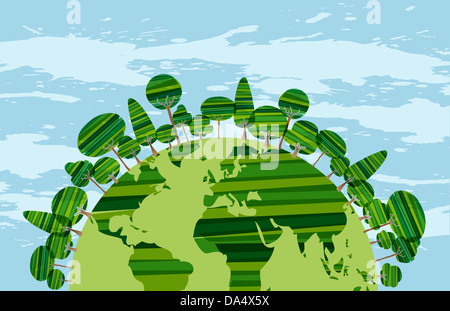 Grüne Streifen Wort voller Bäume Konzept über Himmelblau Grunge Hintergrund. Vektor-Datei geschichtet für einfache Handhabung und individuelle Farbgebung. Stockfoto