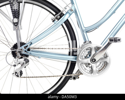 Fahrrad Hinterrad Satz Zahnräder und Pedale Closeup isoliert auf weißem Hintergrund Stockfoto
