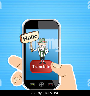 Hand, die ein Smartphone mit deutschen Mann und Zeichen Übersetzung Software-Anwendung. Vektor-Illustration für eine einfache Bearbeitung geschichtet. Stockfoto