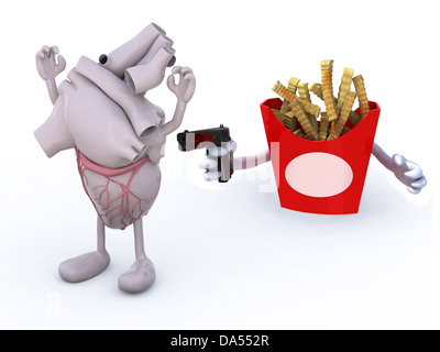 Kartoffelchips mit Armen schwingt Waffe, um das menschliche Herz, 3d illustration Stockfoto