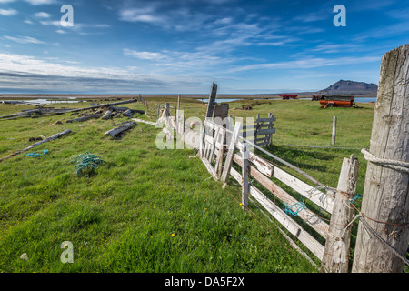 Holzzaun auf Ackerland, Snaefellsnes Halbinsel, Island Stockfoto