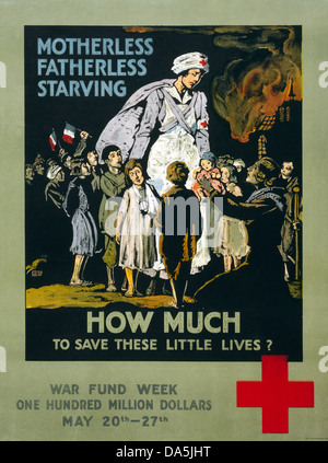 Erster Weltkrieg, WWI, Weltkrieg, Weltkrieg, Krieg, Europa, Propaganda, Poster, USA, American, Propaganda-Plakat, rotes Kreuz, Huma Stockfoto