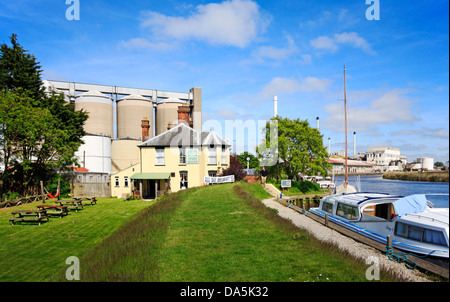 Ein Blick auf Liegeplätze durch den Fluß Yare auf den Norfolk Broads in Cantley, Norfolk, England, Vereinigtes Königreich. Stockfoto