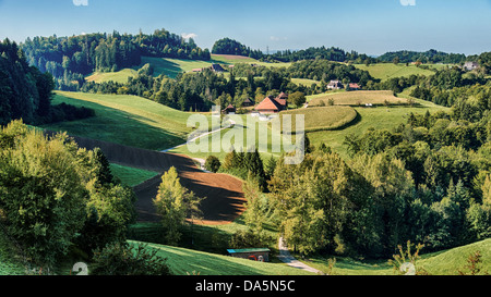 Feld, Agrarland, agrarischen Landschaft, Bauernhaus, Bauernhof, Feld, Haus, Haus, Hof, Emmental, Hof, Hofholz, Kanton Bern, Ber Stockfoto