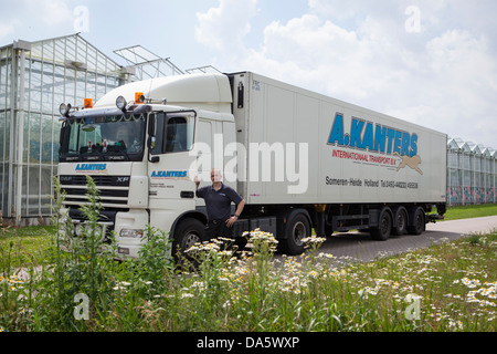 Fahrer vor seinem DAF XF LKW in einem Gartenbau in den Niederlanden Stockfoto