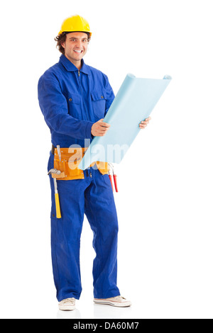 Junge Bauarbeiter posiert mit einem Plan in der hand. Isoliert auf weiss. Blick in die Kamera. Stockfoto