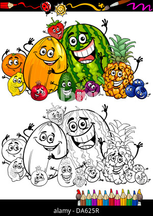 Färbung, Buch oder Seite Cartoon Illustration lustig Früchte Comic Lebensmittelgruppe Zeichen für Kindererziehung Stockfoto