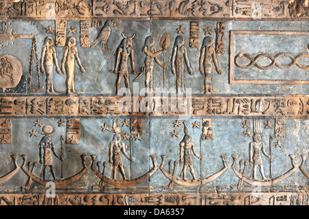 Zart bemalten Flachreliefs Miniaturen aus der Zodiak-Serie zeigt Zwillinge und Waage in Dendera in Ägypten Stockfoto