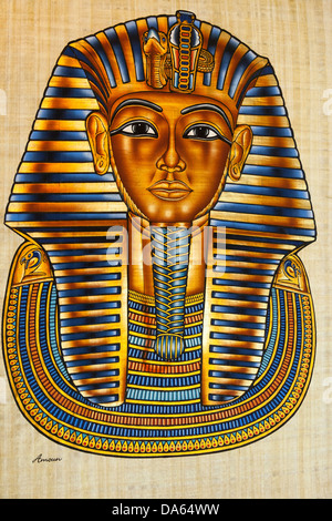 Gemälde von Tutanchamuns Totenmaske auf Papyrus Papier, Kairo, Ägypten Stockfoto