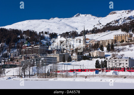 Sankt Moritz, See, Winter, Kanton, GR, Graubünden, Graubünden, Engadin, Engadin, Oberengadin, Wanderweg, der Schweiz, Europa, Sain Stockfoto