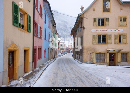 Saint-Ursanne, Jura, Kanton, JU, Dorf, Schnee, Winter, Schweiz, Europa, Straße Stockfoto