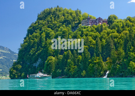 Dampfschiff, Raddampfer, Lötschberg, Hotel, Wildbach, Schiff, Boot, Schiffe, Boote, Wasser, Wasserfall, Kanton Bern, Bernes Stockfoto