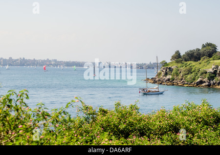 Petersilie-Bay in Sydney mit seiner Bucht, Fußgängerbrücke, Strand und Rasenflächen Reserve. Stockfoto