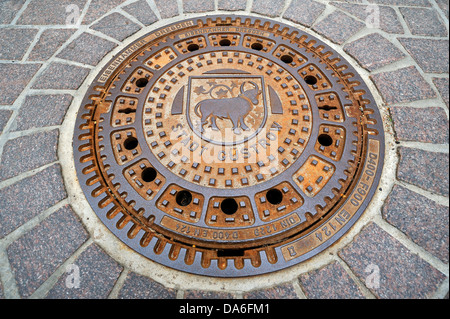 Kanaldeckel mit dem Stier, Wappen der Stadt Güstrow Stockfoto