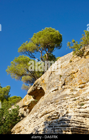 In diesem Felsen ist versteckte Höhle Kloster St. Roman in der Nähe von Beaucaire umfasst eine Kapelle, Kreuzgang, Terrasse, Gräber. Stockfoto