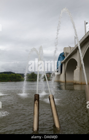 Die Brunnen im Ross des Sprays in den Tennessee River bei bewölktem Himmel von Market Street Bridge, Chattanooga landen. Stockfoto