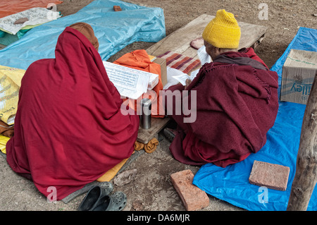 Mönche beten um Mahabodhi-Tempel. Bodhgaya, Bihar, Indien Stockfoto