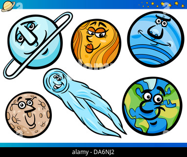 Cartoon Illustration der lustige Kugeln und Planeten vom Sonnensystem Space Comic-Maskottchen Stockfoto