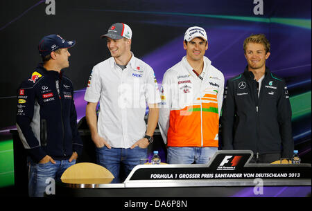 Nuebergring, Deutschland. 5. Juli 2013. Motorsport: FIA Formula One World Championship 2013, Grand Prix von Deutschland #1 Sebastian Vettel (GER, Infiniti Red Bull Racing), #11 Nico Hülkenberg (GER, Sauber F1 Team), #15 Adrian Sutil (GER, Sahara Force India F1 Team), #9 Nico Rosberg (GER, Mercedes AMG Petronas F1 Team), Credit: Dpa picture-Alliance/Alamy Live News Stockfoto