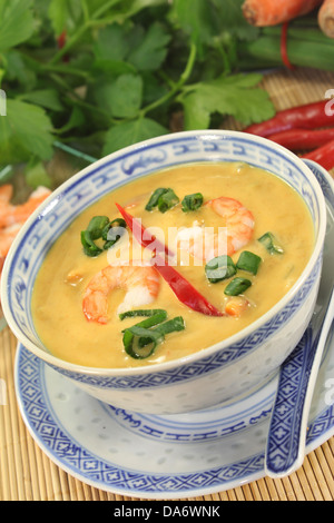 Curry-Suppe mit buntem Gemüse und Garnelen Stockfoto