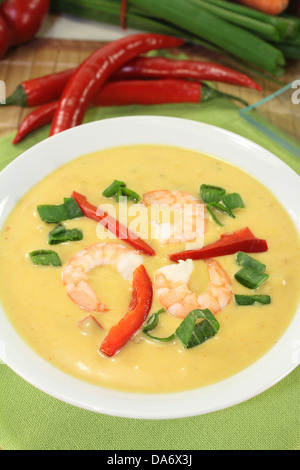 Curry-Suppe mit buntem Gemüse und Garnelen Stockfoto