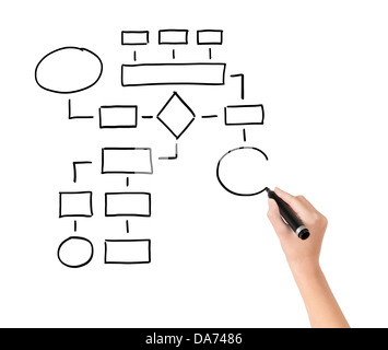 Weibliche Hand mit Marker leer Flussdiagramm zeichnen. Isoliert auf weißem Hintergrund. Stockfoto