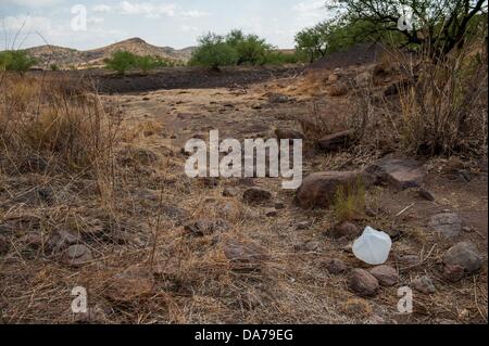 3. Juli 2013 - Arivaca, Arizona, Vereinigte Staaten von Amerika - sitzt ein leeren Wasserkrug auf dem Wüstenboden in der Nähe einer Wasserstelle Rinder in der Sonora-Wüste in der Nähe von Arivaca, Arizona, etwa 60 Meilen südwestlich von Tucson. Die Gegend gilt immer noch eine schwere Drogen- und Menschenhandel Plaza.  Hunderte von Toten Migranten in diesem Bereich in den letzten 14 Jahren nach humanen Grenzen einer Menschenrechtsgruppe gefunden. (Kredit-Bild: © wird Seberger/ZUMAPRESS.com) Stockfoto